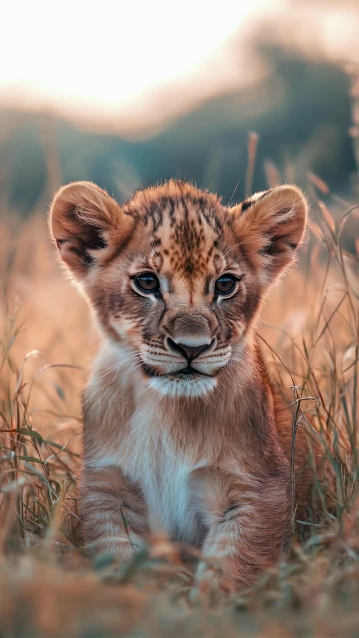 Close-up of a lion cub in tall grass, captured at eye level