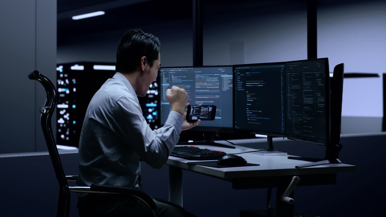 서버 에서 성공을 축하하는 흥분된 프로그래머