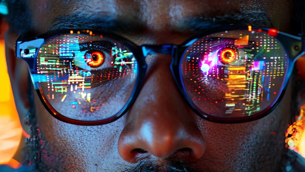 A man with glasses is staring at the camera. The image has a futuristic feel to it, with the man's eyes glowing in the dark