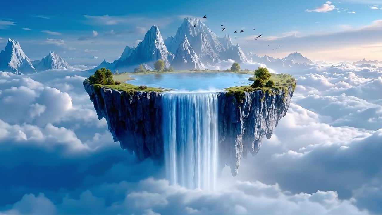 A small island in the middle of a large body of water surrounded by clouds