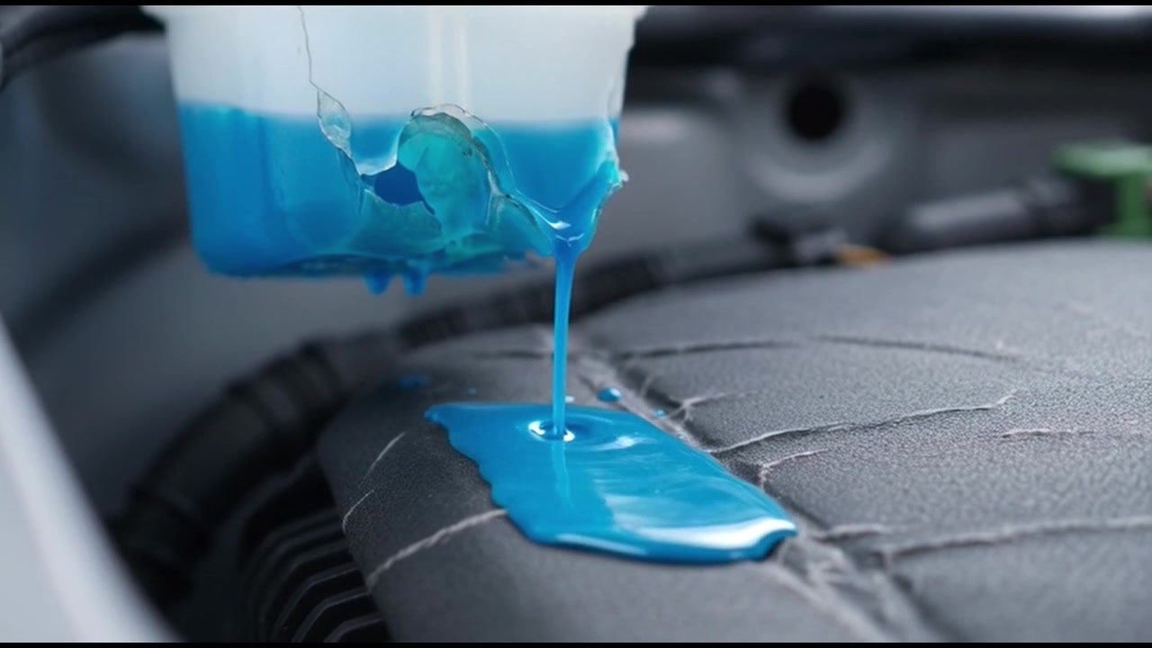Blue Coolant Leaking from Damaged Reservoir onto Car Engine