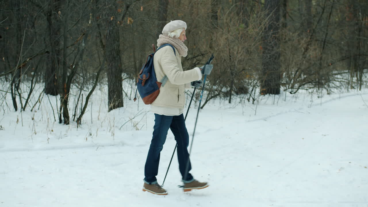 Senior Woman Nordic Walking in Winter Forest