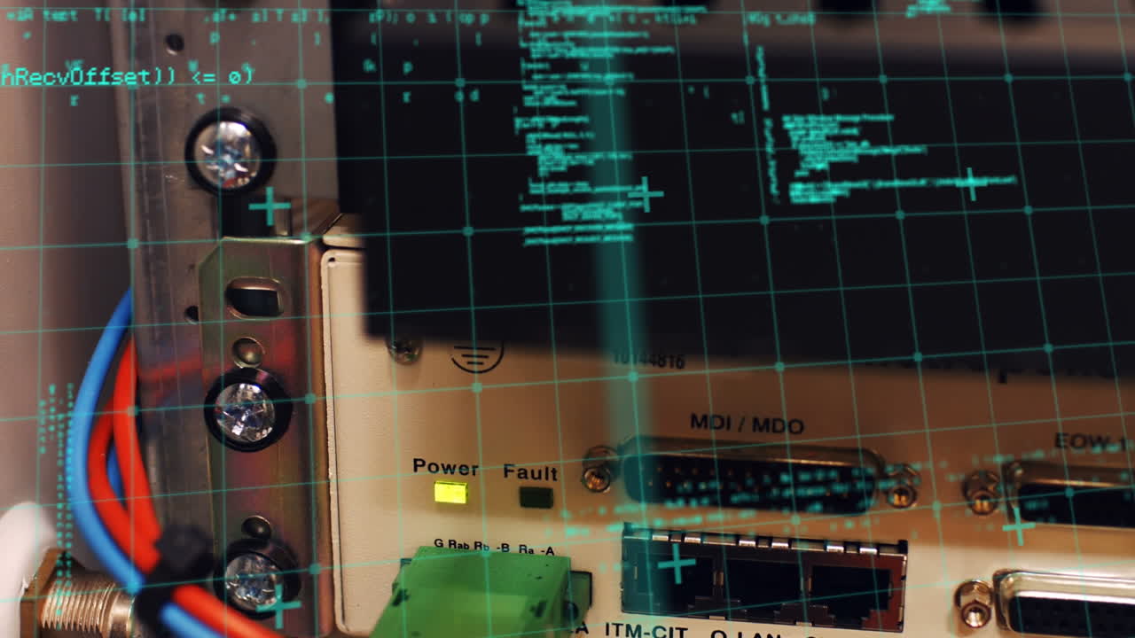 Animation of data processing over close up of computer server