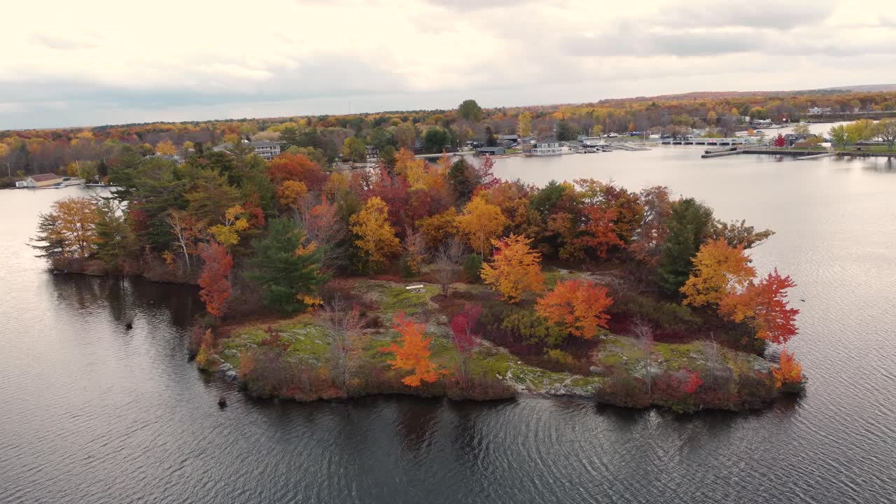 impresionante vista aérea de la isla en un lago lleno de árboles coloridos durante el otoño