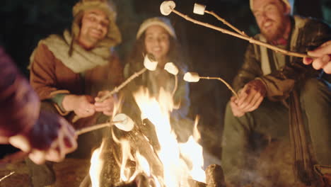 group of friends sitting by campfire roasting marshmallows chatting sharing stories camping in forest at night enjoying outdoor adventure