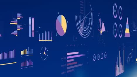 animation of digital data processing and statistics over blue background