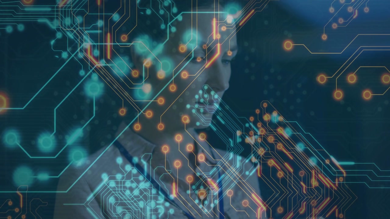 Mid-adult woman raising hand and bringing device up, initiating AR circuitry overlaying tech data
