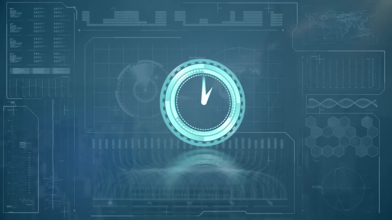 Animazione di un orologio che si muove velocemente ed elaborazione dati su schermo.