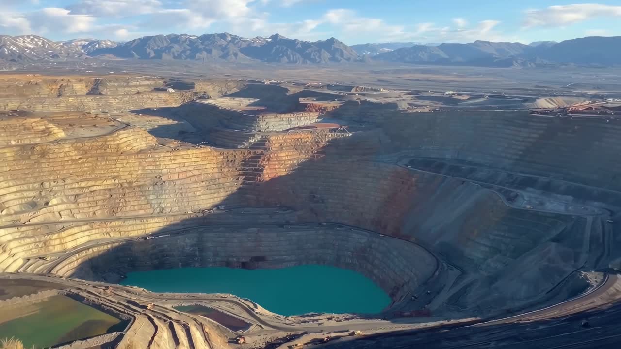 Aerial video of a vast open-pit mine with terraced layers, surrounded by mountains