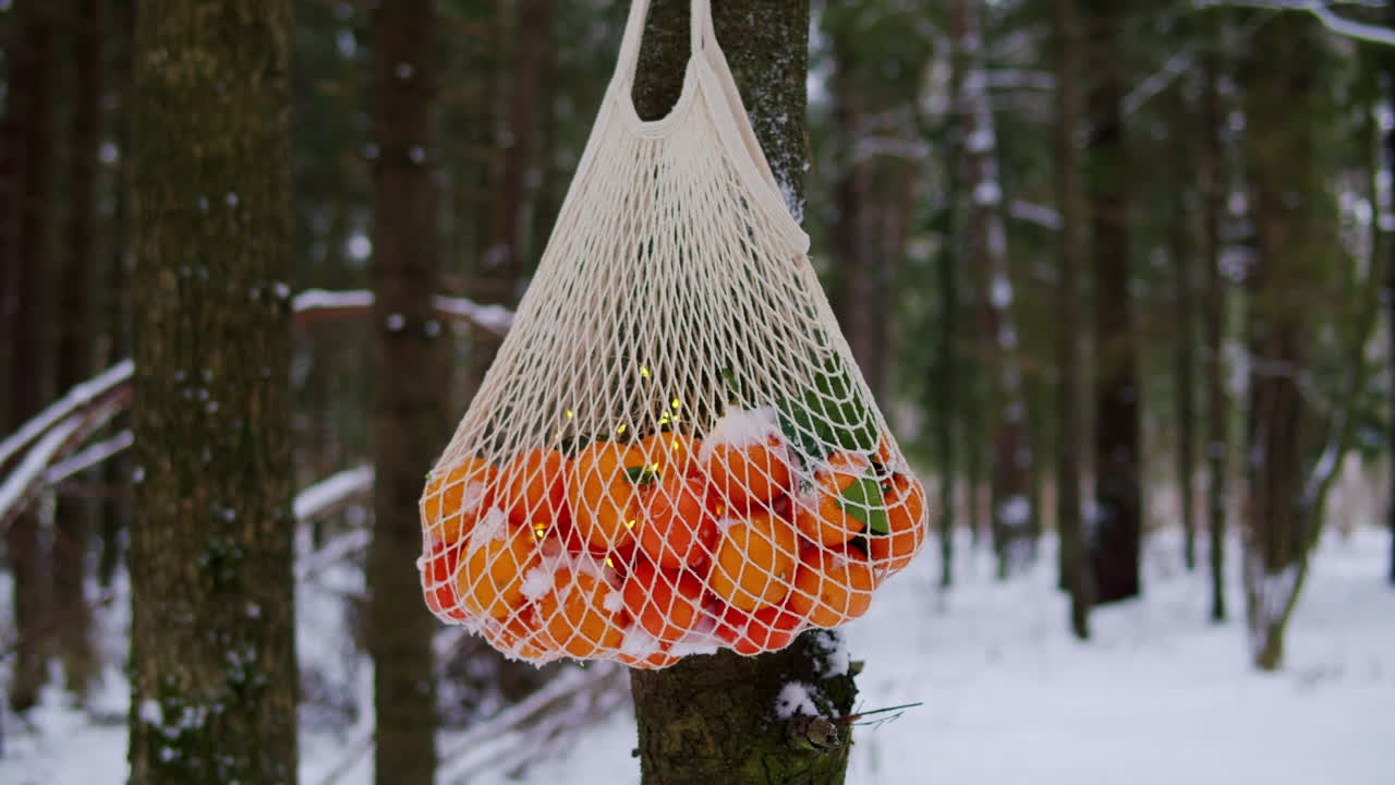 Arance in una retina appese in una foresta innevata