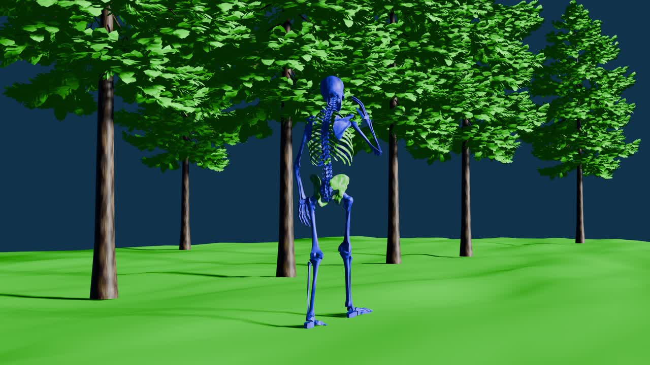 골격이 휴대 전화로 이야기하고 있습니다.