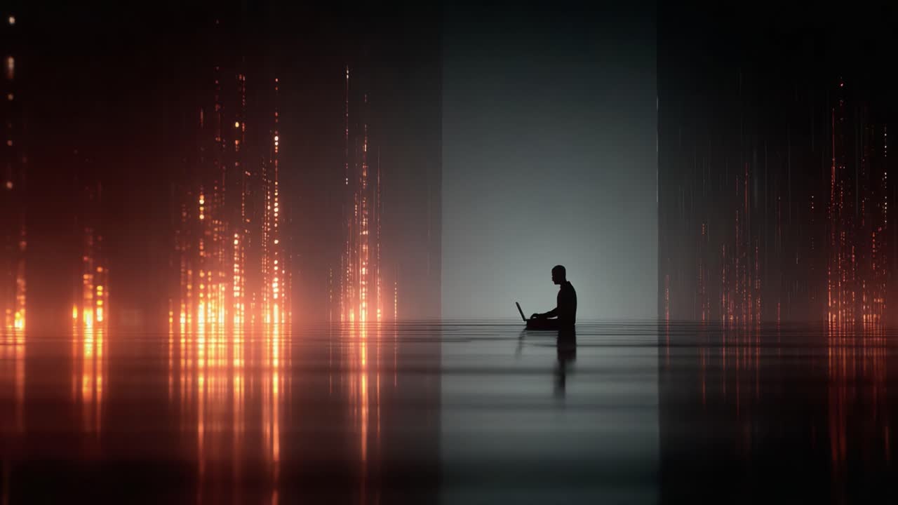 A solitary figure engages with technology amidst a mesmerizing backdrop of luminous digital patterns, symbolizing the fusion of human creativity and digital innovation