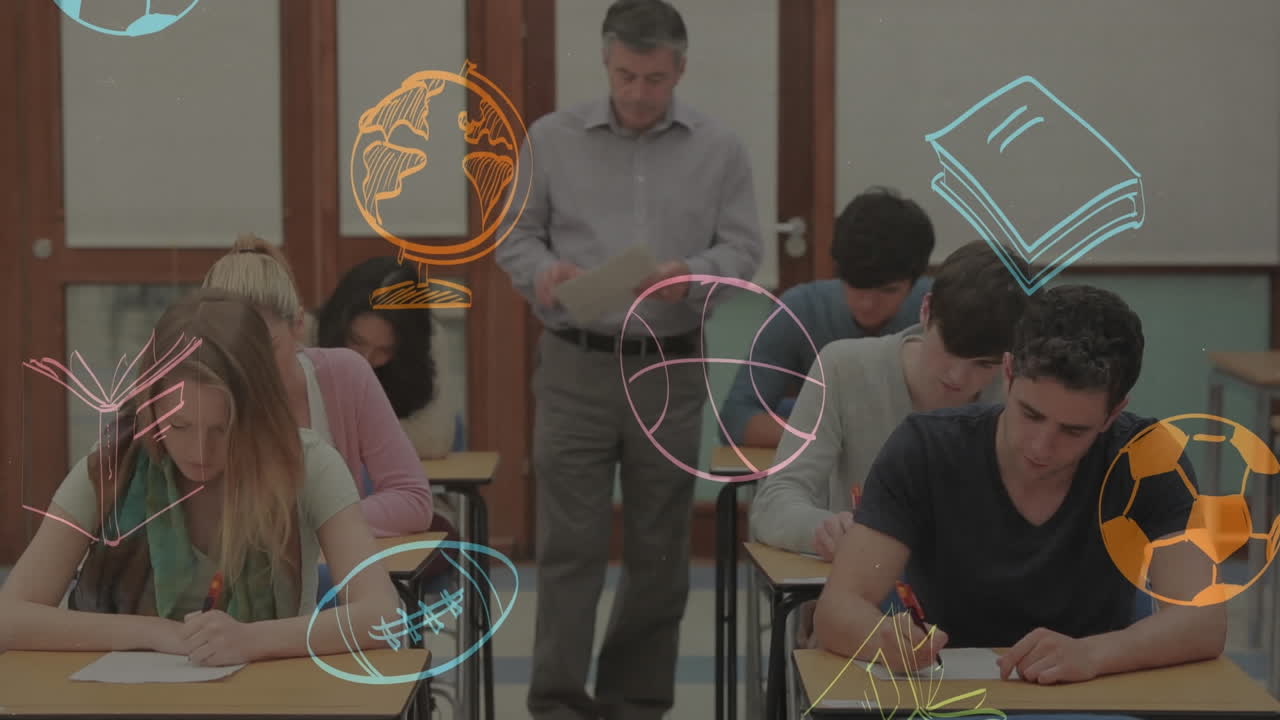 animación de iconos escolares sobre diversos maestros y estudiantes masculinos en el aula.