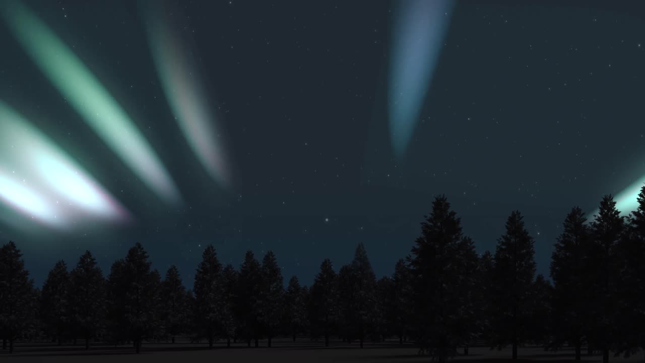 animación de la aurora boreal brillando sobre los abetos cubiertos de nieve en invierno