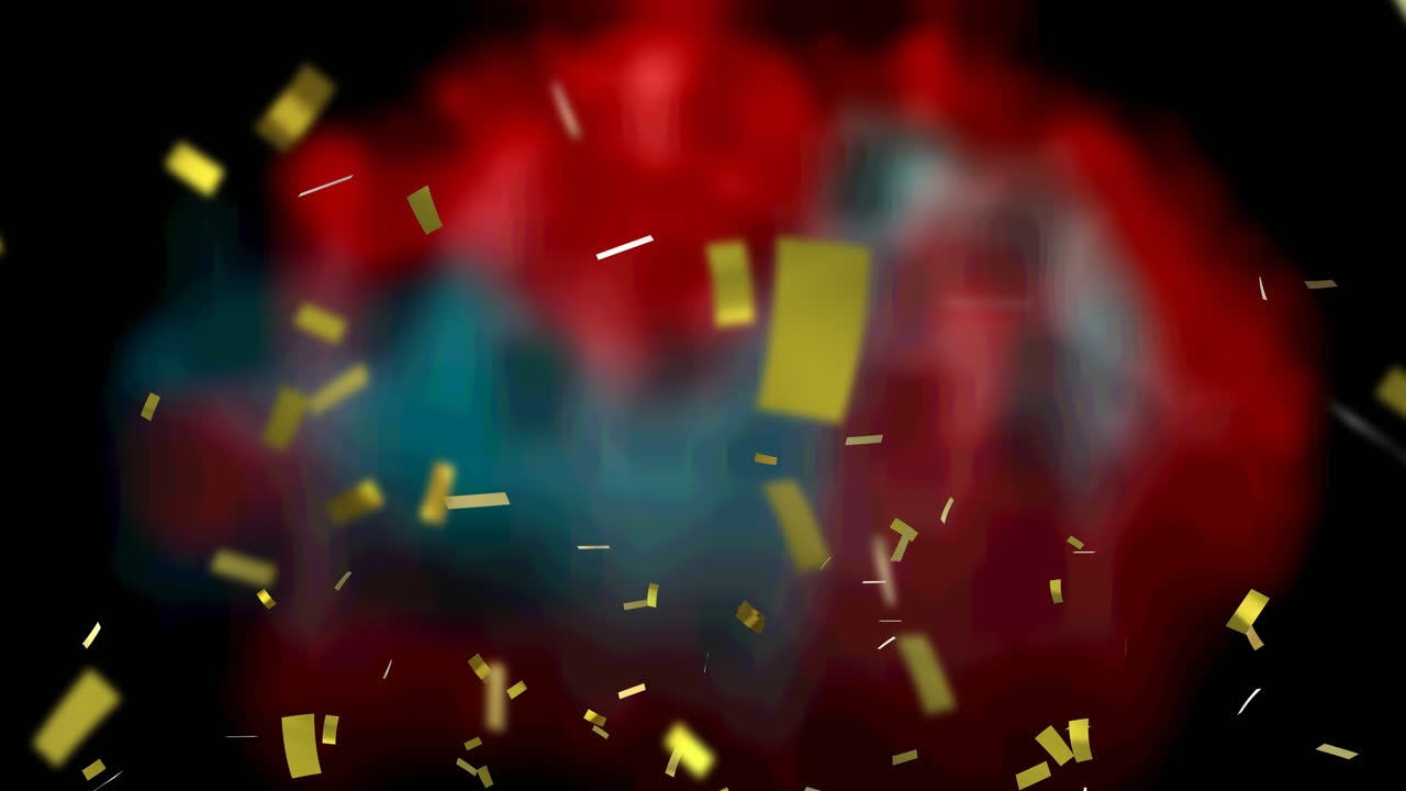 Animation af guldkonfetti, der svæver over en ude af fokus rød og sort baggrund