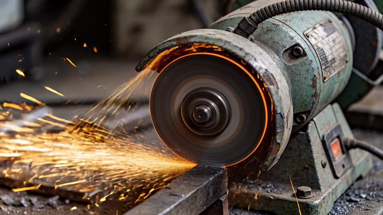 Roterende benkslipehjul sliper metallstang på benk, sender intens venstre gnistsky