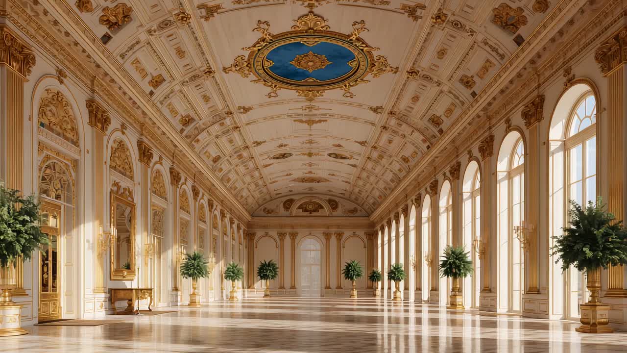 Fixed camera filming palace gallery interior, highlighting tall arched windows and coffered ceiling
