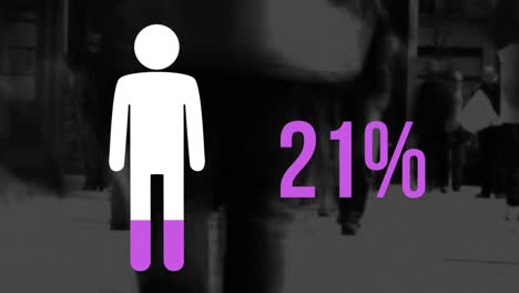 person symbol and rising percentage filling in pink and people walking in street