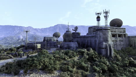 abandoned futuristic military outpost in a mountainous landscape