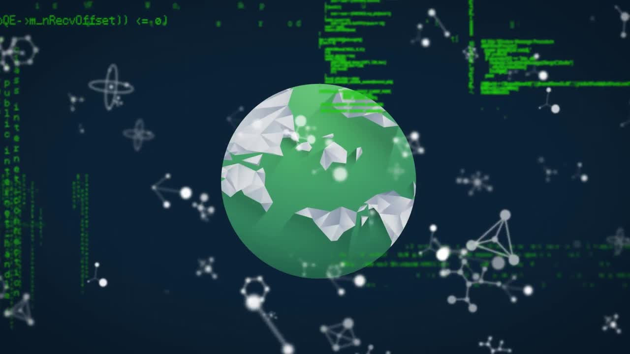 animação de processamento de dados, moléculas e globo sobre fundo preto