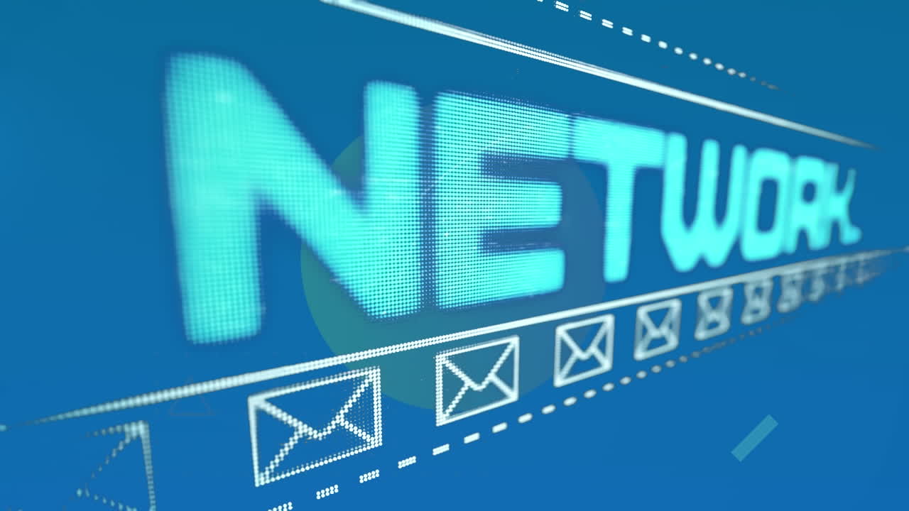 Animation of social networking text and icons on blue background