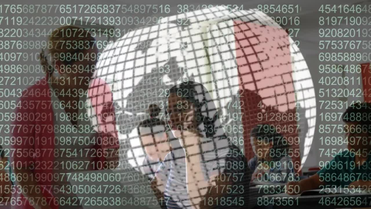 animación del procesamiento de datos y el mundo sobre un grupo de estudiantes diversos