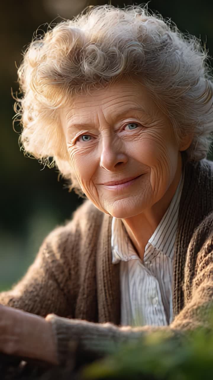 Um retrato acolhedor e convidativo de uma senhora idosa com um sorriso radiante, capturado em um ambiente externo sereno, enfatizando sua força interior e sabedoria gentil