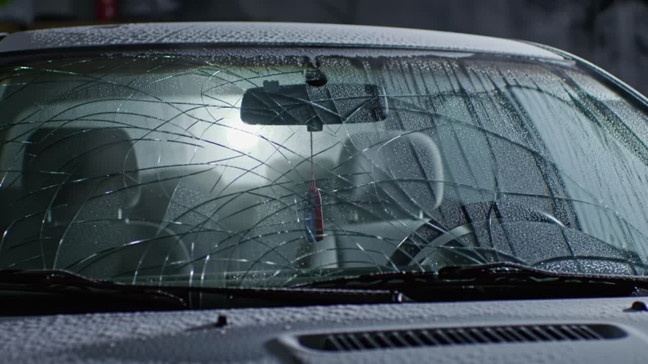 A Close-Up View of a Car Windshield Exhibiting Multiple Cracks and Water Distortion, Capturing the Nature of Damage and Poor Visibility