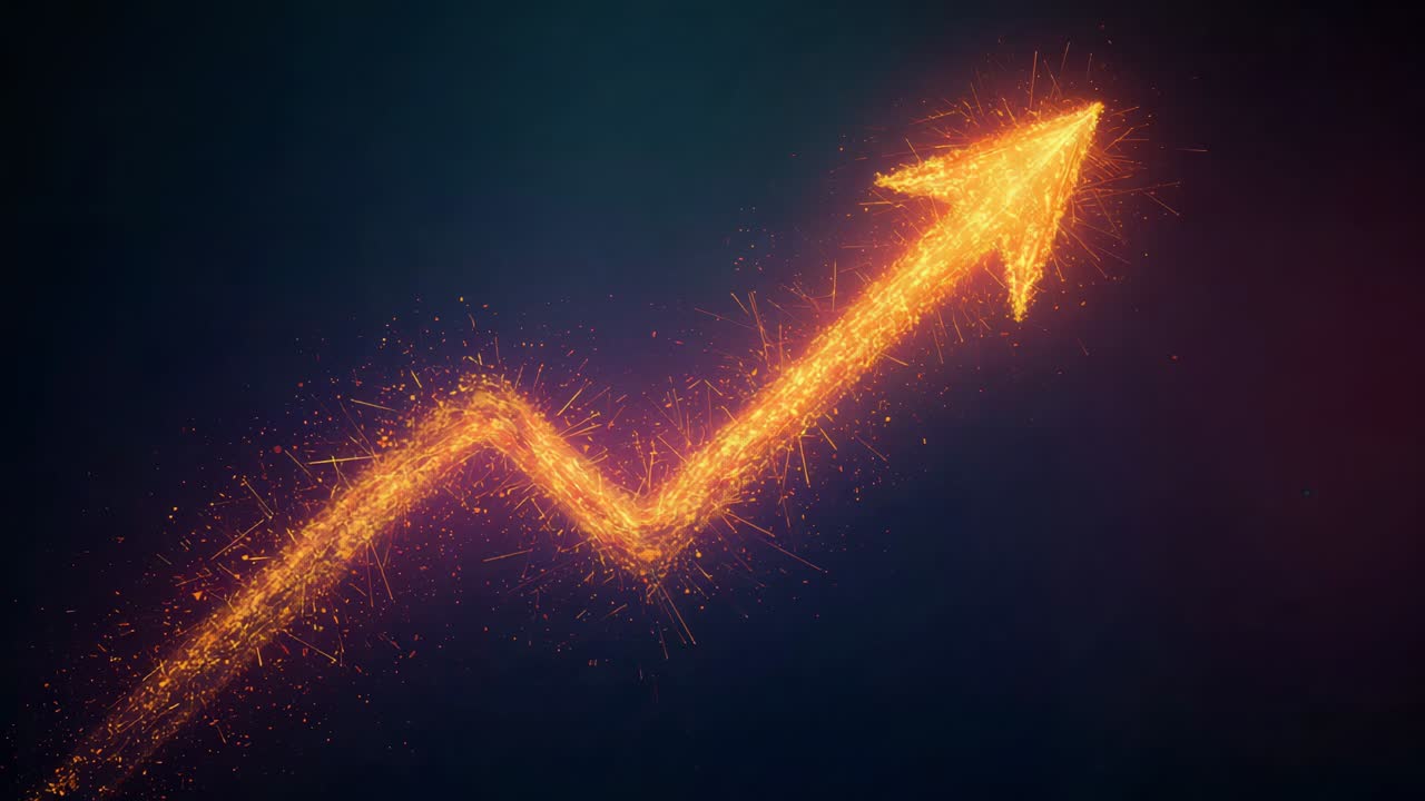 Emerging orange zigzag arrow moving from lower-left across dark gradient backdrop, sparking at head