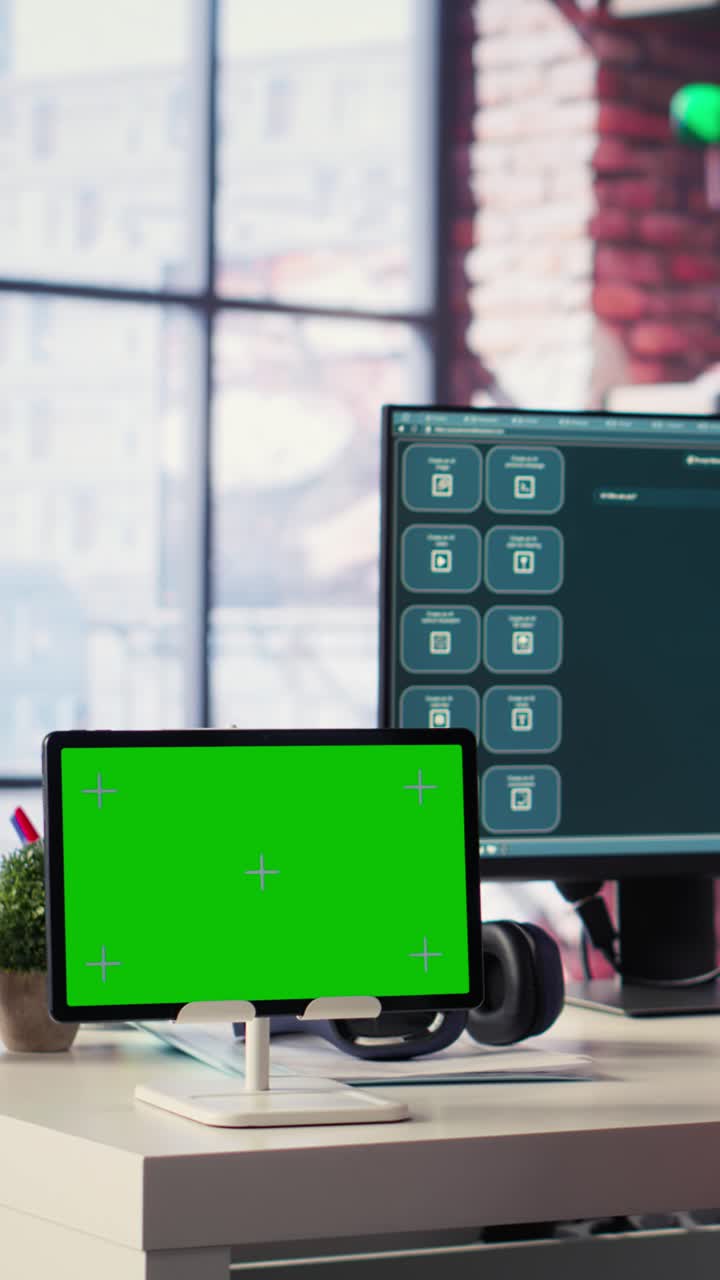 Vertical Video Woman interacting with intelligent AI chatbot on pc next to mockup display