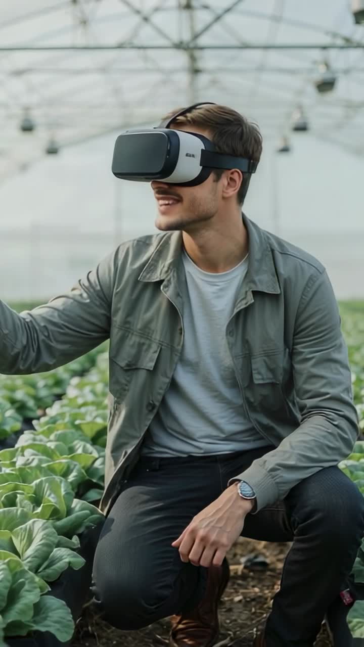 Vertical video: Adjusting VR strap, kneeling man exploring virtual greens amid greenhouse rows