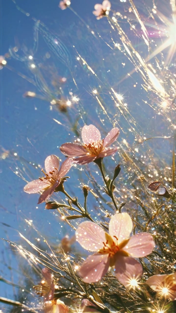 Delicati fiori rosa che brillano di glitter e bagliori solari contro un cielo blu