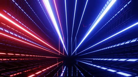 túnel de ciencia ficción de neón de alta tecnología. líneas de brillo de neón a la moda forman patrón y construcción en túnel de espejo. volar a través del ciberespacio tecnológico. fondo de juventud brillante de 4k sin costuras en bucle 3d. líneas de glow