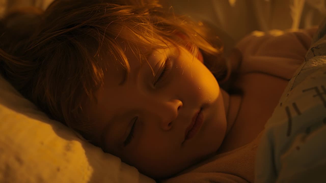 Sleeping child wearing pajama top breathing on bed at night to rest, with pillow, blanket, lamp