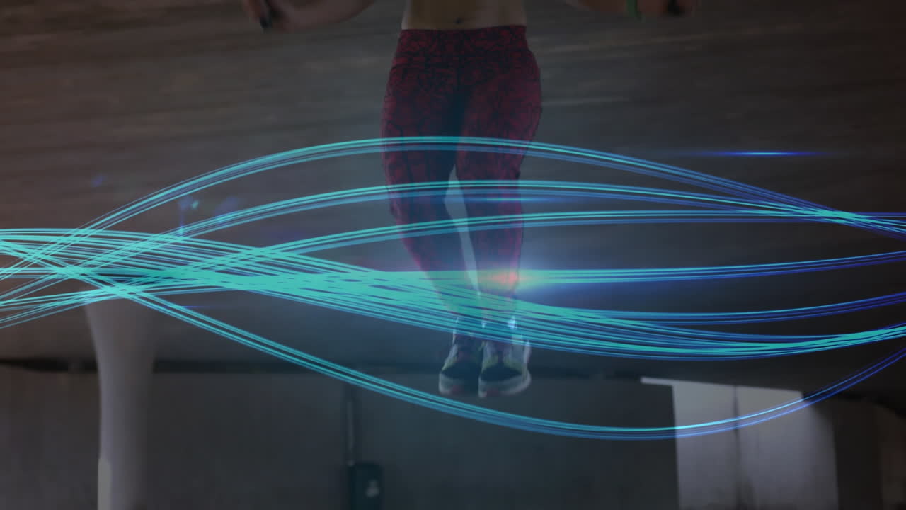 animación de líneas azules sobre una mujer saltando al aire libre