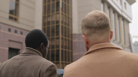 Rear-view-of-caucasian-and-african-american-businessman-in-elegant-clothes-talking-and-walking-down-the-street