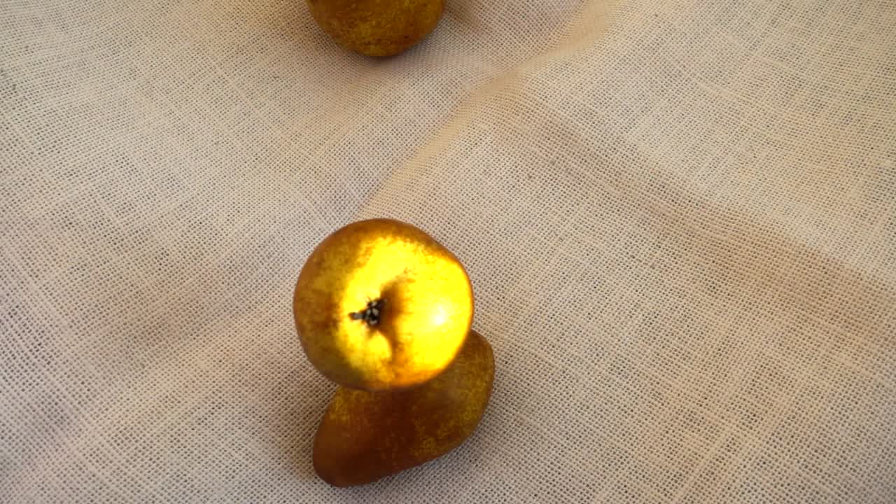 Piccoli frutti giallo-brunastri che cadono su uno sfondo di tessuto chiaro