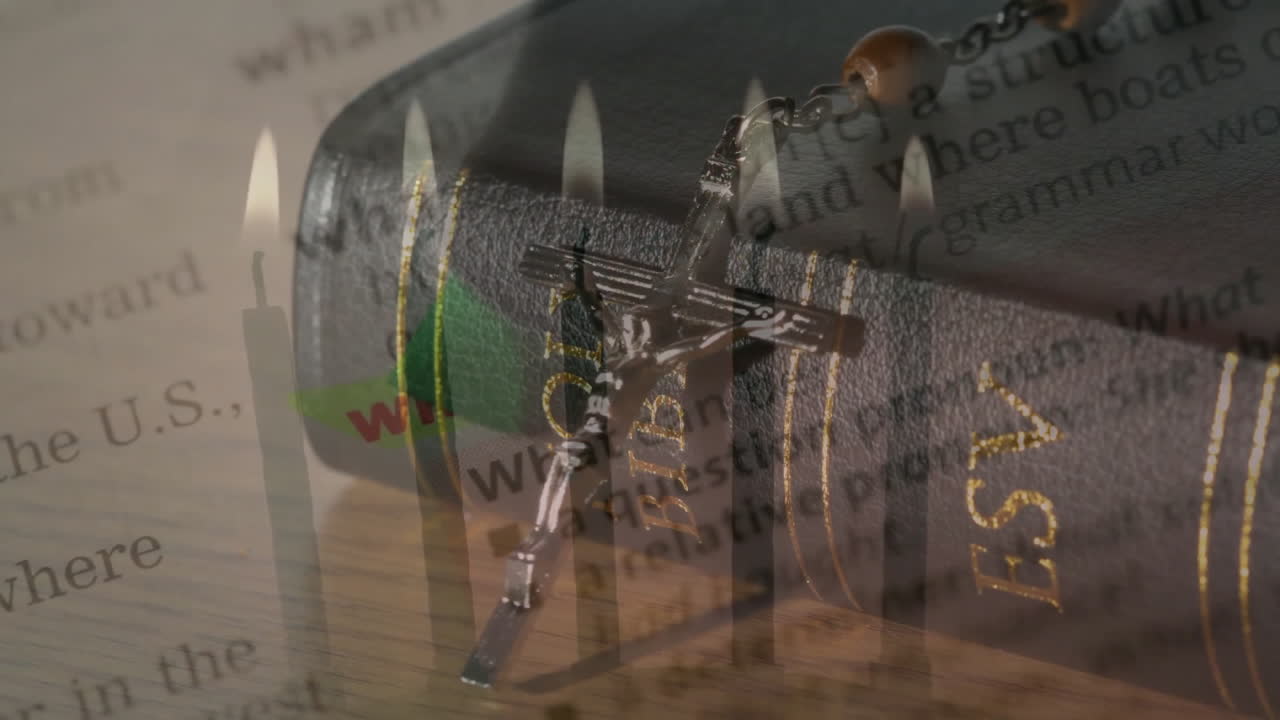 Cross and rosary beads on Bible, animation text overlay in background