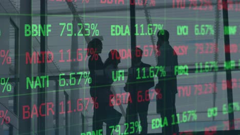 animation of financial data processing over business people working in office