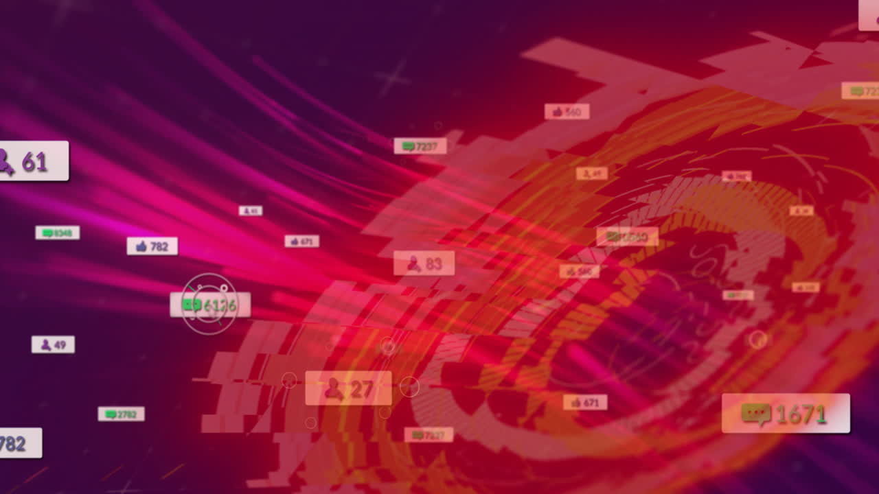 Swirling red and orange animation with digital data visualization and icons