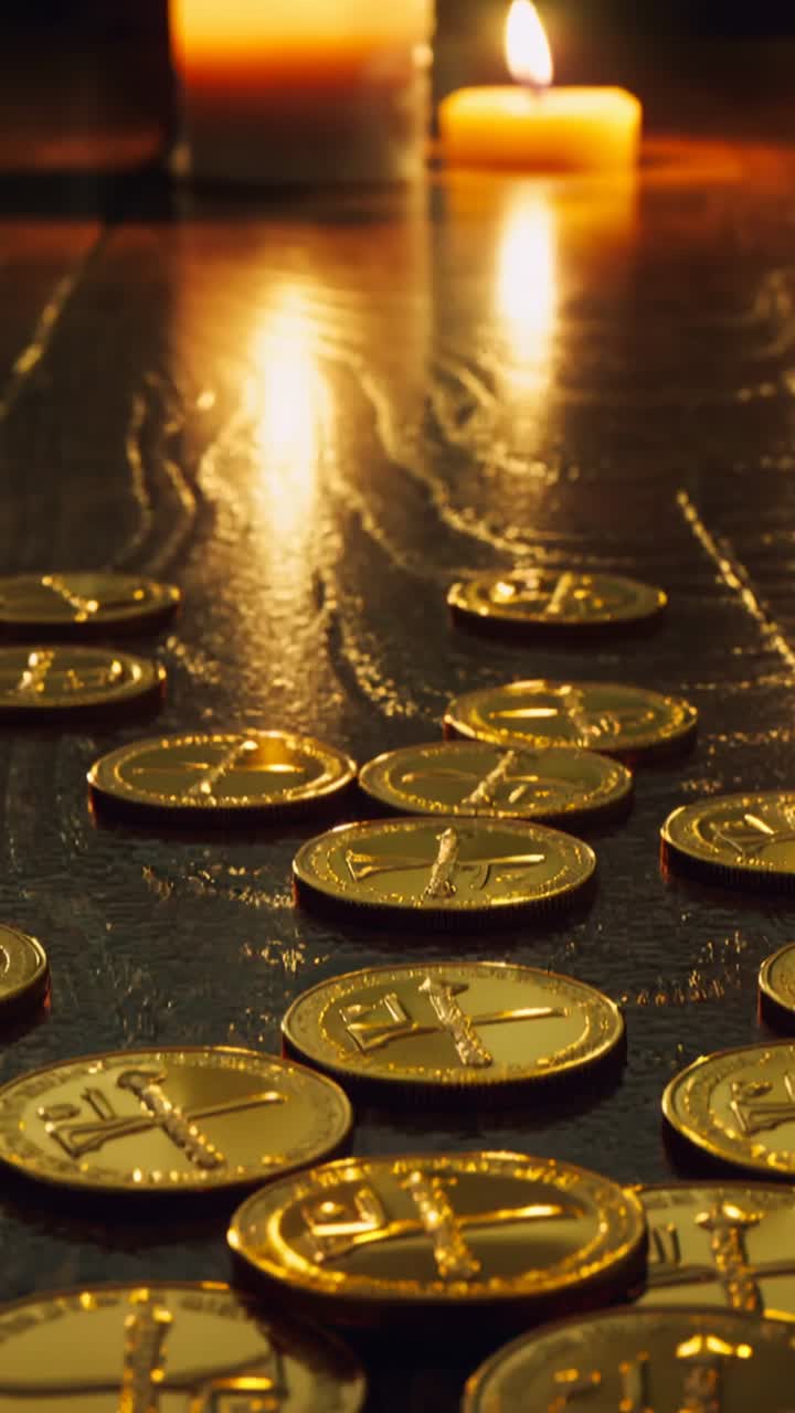 Vertical video: Camera descending revealing gold cross-embossed coins on table, flickering candles
