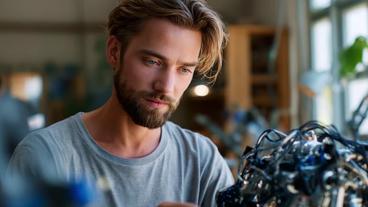 Focused on Innovation: A Young Man Engaged in the Craft of Creating a Robotic Structure in a Well-Lit Workshop, Showcasing Passion and Skill in Engineering