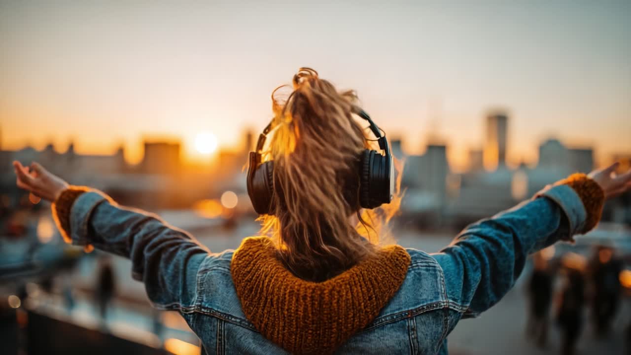 A Joyful Moment: Embracing Freedom and Music Against a Stunning Sunset City Skyline