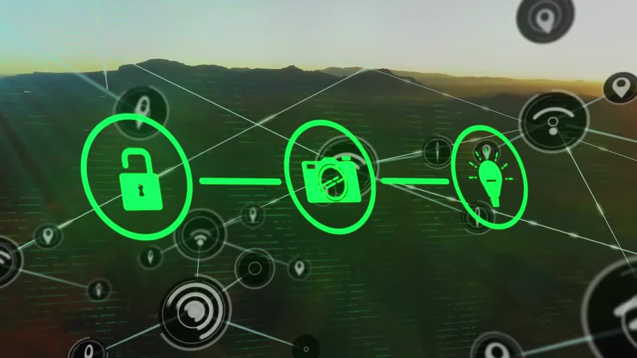 해가 지는 풍경 위의 미디어 아이콘 네트워크의 애니메이션