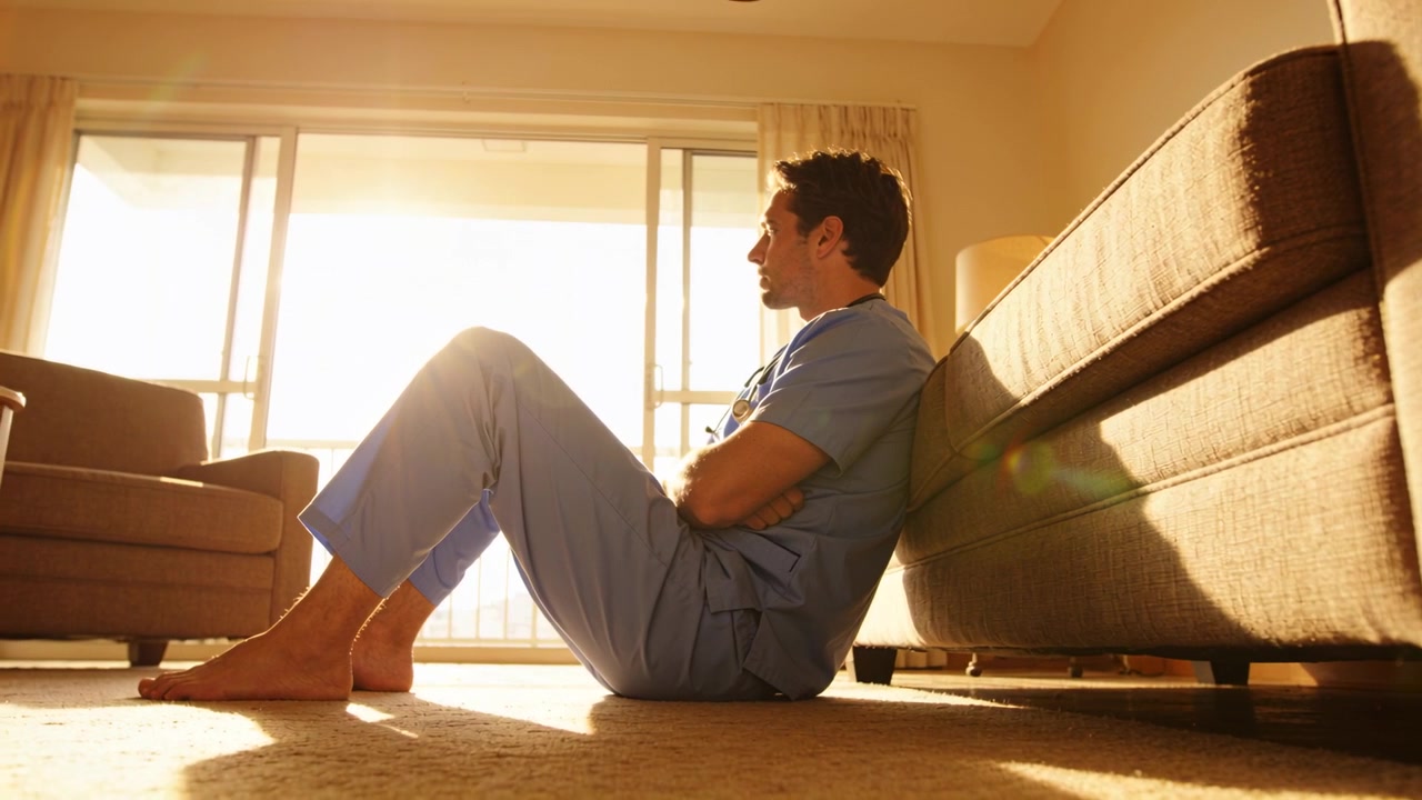 Sitting man in scrubs resting, gazing at growing sunlight at home by sliding-door with stethoscope