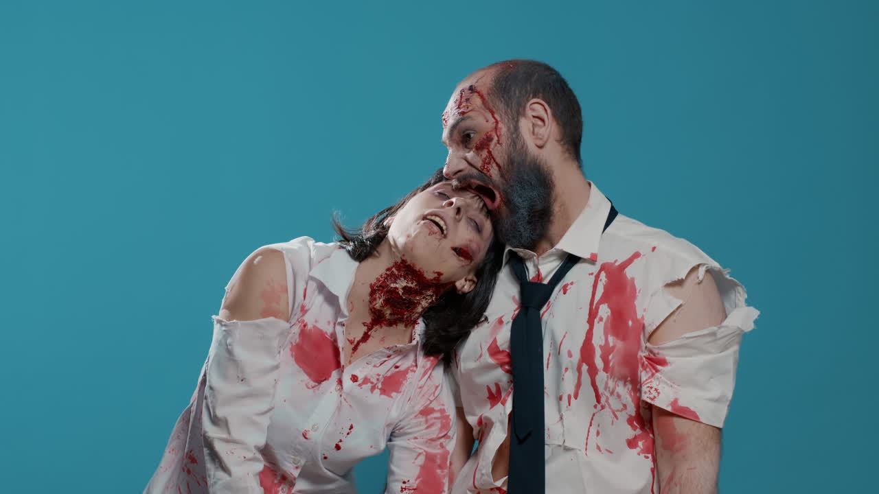 Dangerous evil office zombies stretching arms to camera while standing on blue background