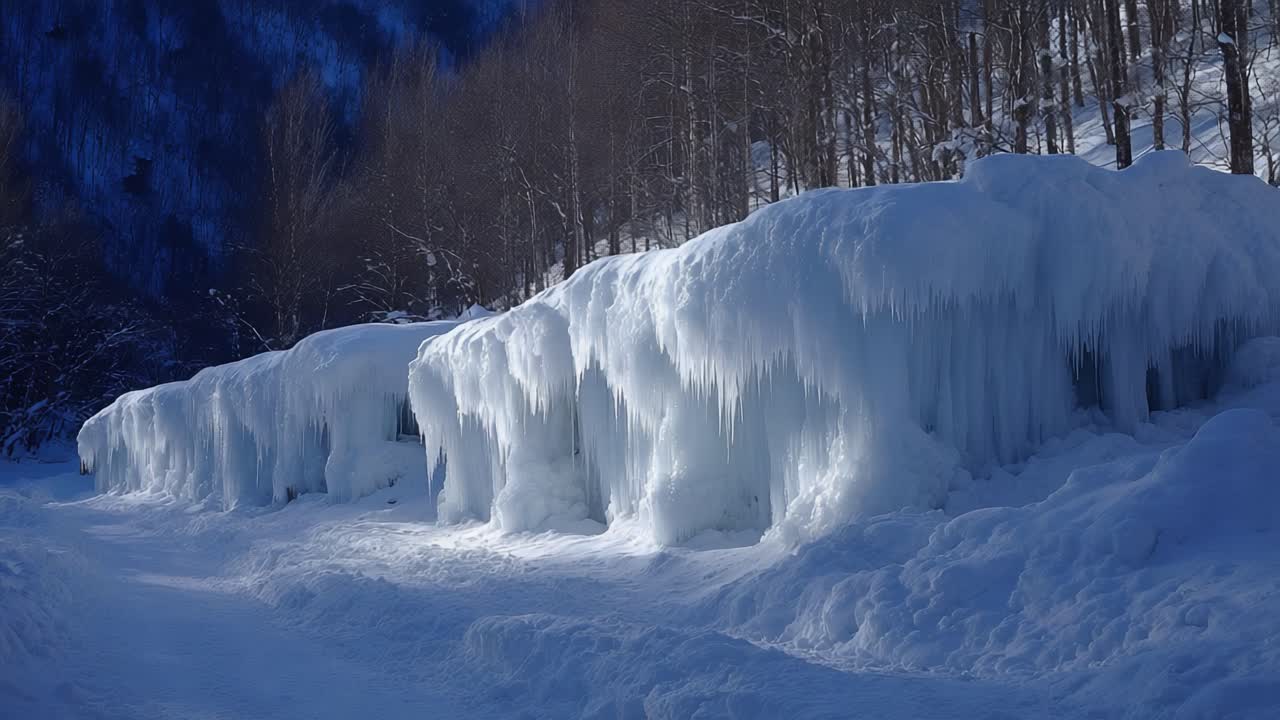 Stunning Winter Landscape with Ice Formations: Captivating Views of Snow-Covered Terrain Under Bright Blue Skies and Glimmering Ice Structures