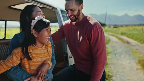 family, laughing and parents with girl for road