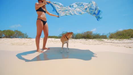 Close-up-of-a-dog-under-a-beach-towel-hold-by-a-young-woman,-Curacao