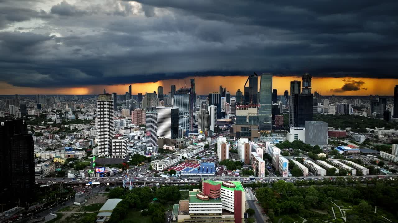 Dramatic Stormy Sunset over Bangkok City Skyline